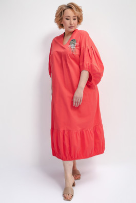 Коралловое платье из хлопка с воланами арт.3733