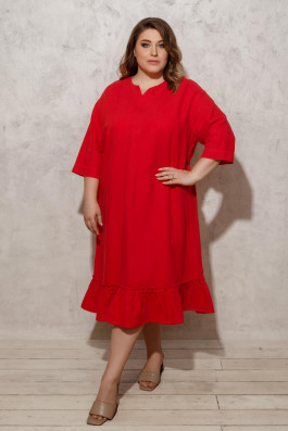 Алое льняное платье с оборкой арт.3250