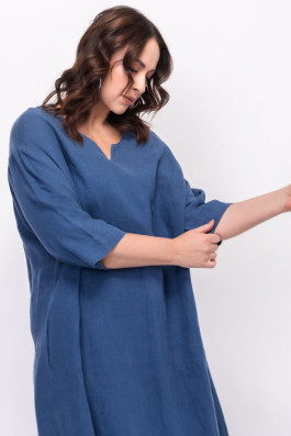 Синее льняное платье с оборкой арт.3250